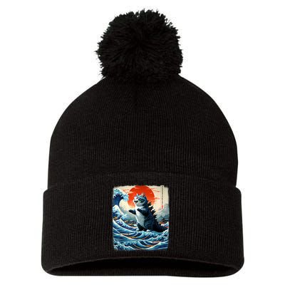 Catzilla Cat Japanese Art Funny Cat Adventure Pom Pom 12in Knit Beanie
