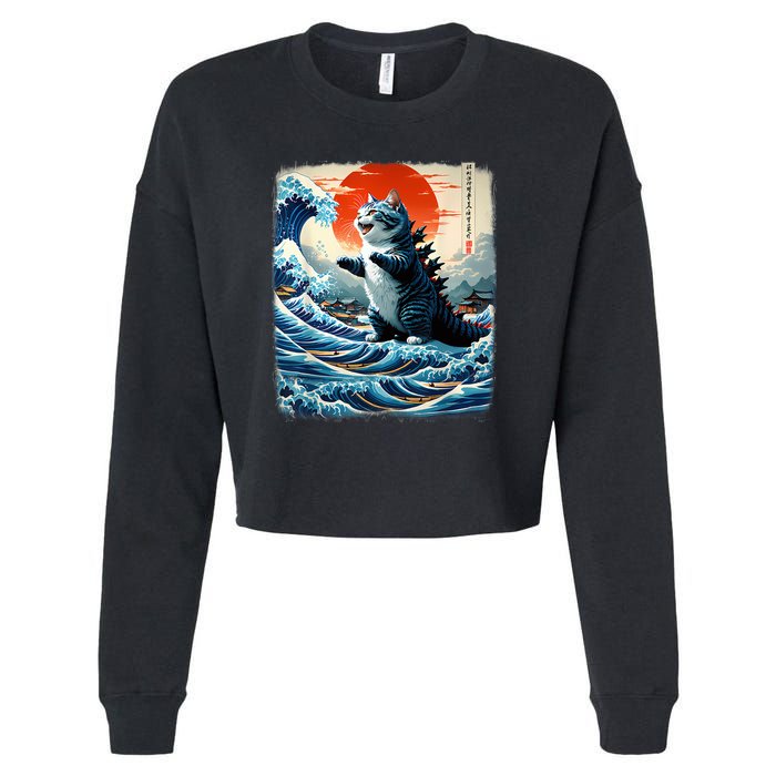 Catzilla Cat Japanese Art Funny Cat Adventure Cropped Pullover Crew