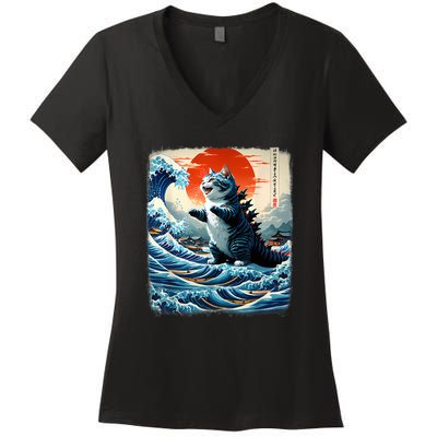 Catzilla Cat Japanese Art Funny Cat Adventure Women's V-Neck T-Shirt
