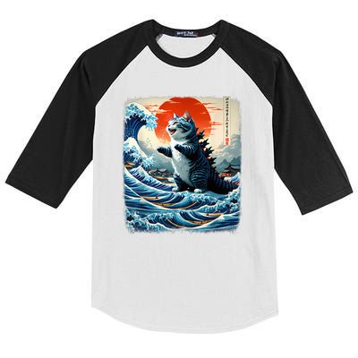 Catzilla Cat Japanese Art Funny Cat Adventure Kids Colorblock Raglan Jersey