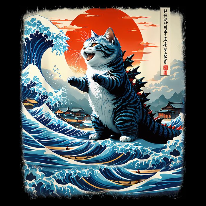 Catzilla Cat Japanese Art Funny Cat Adventure Wool Snapback Cap