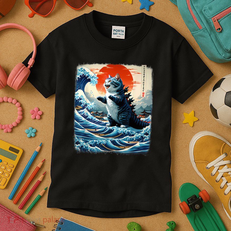 Catzilla Cat Japanese Art Funny Cat Adventure Kids T-Shirt