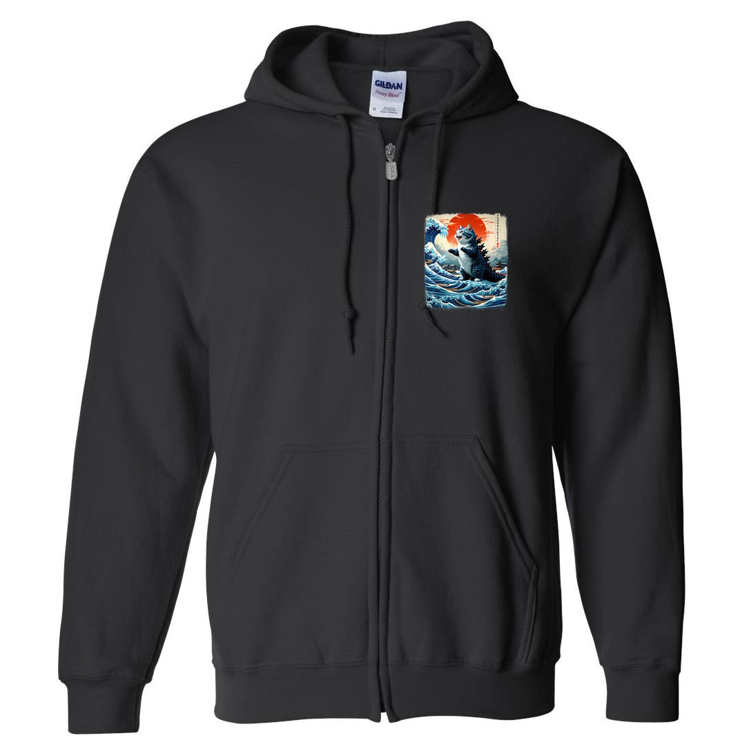 Catzilla Cat Japanese Art Funny Cat Adventure Full Zip Hoodie