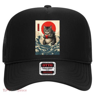Catzilla Cute Japanese Cat Gifts Lover Women Girl Funny Cat High Crown Mesh Back Trucker Hat