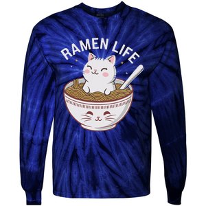 Cute Cat Japanese Aesthetics Retro Anime Ramen Bowl Tie-Dye Long Sleeve Shirt