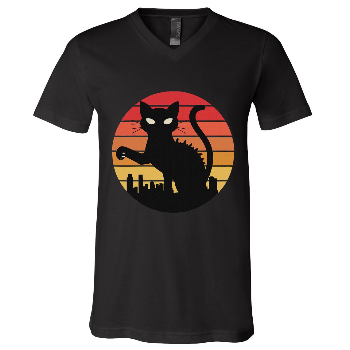 Catzilla Cat Japanese Sunset Retro Cute For Women V-Neck T-Shirt