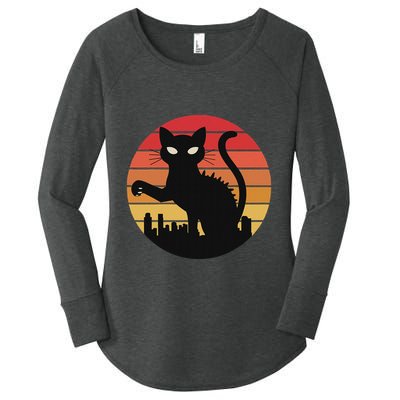 Catzilla Cat Japanese Sunset Retro Cute For Women Women's Perfect Tri Tunic Long Sleeve Shirt