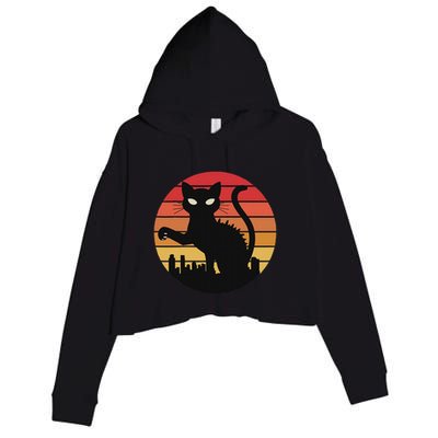 Catzilla Cat Japanese Sunset Retro Cute For Women Crop Fleece Hoodie