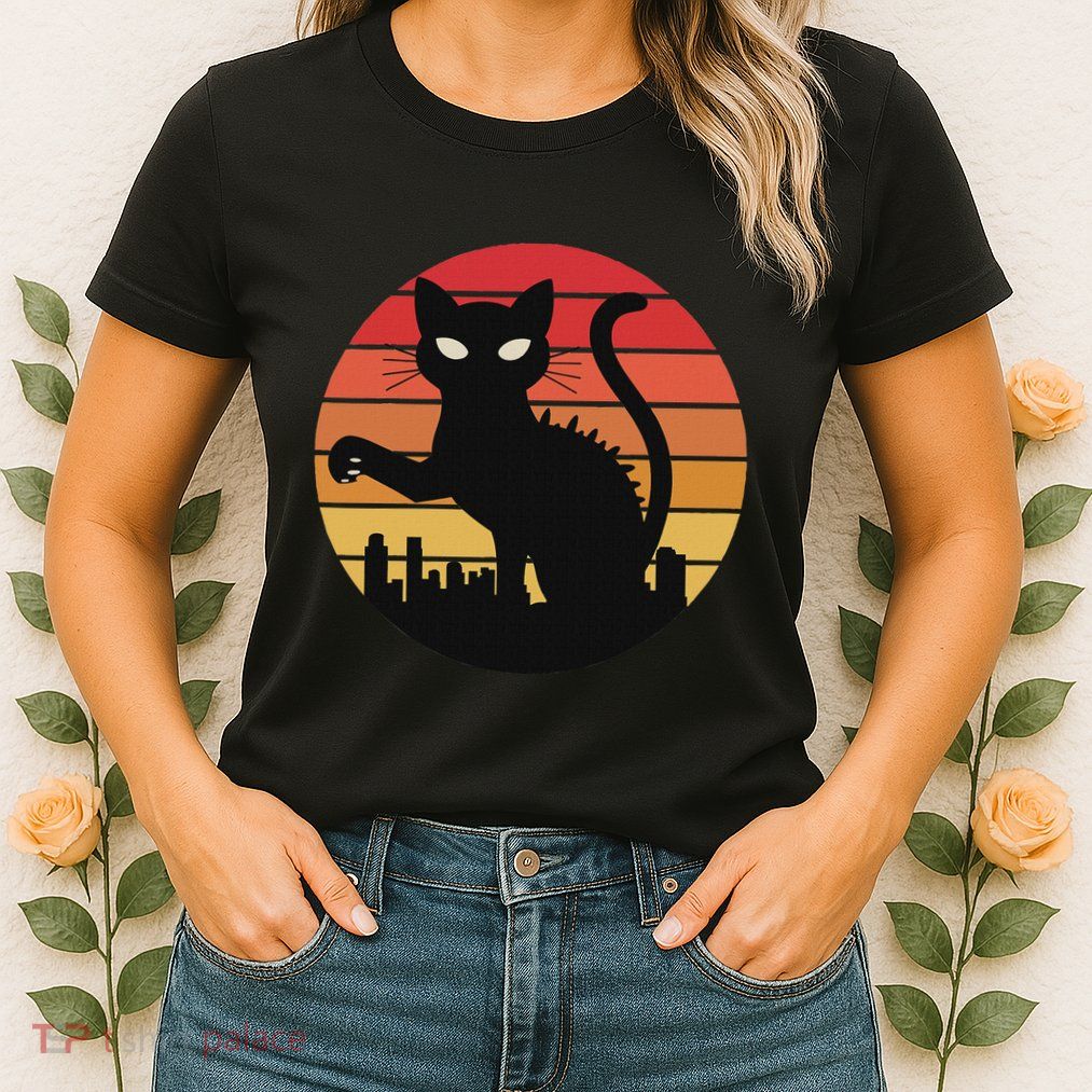 Catzilla Cat Japanese Sunset Retro Cute For Women Womens T-Shirt