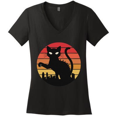 Catzilla Cat Japanese Sunset Retro Cute For Women Women's V-Neck T-Shirt