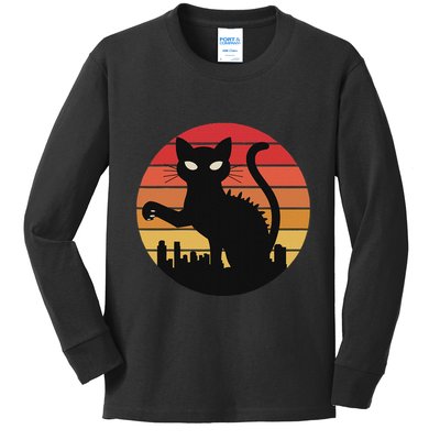 Catzilla Cat Japanese Sunset Retro Cute For Women Kids Long Sleeve Shirt