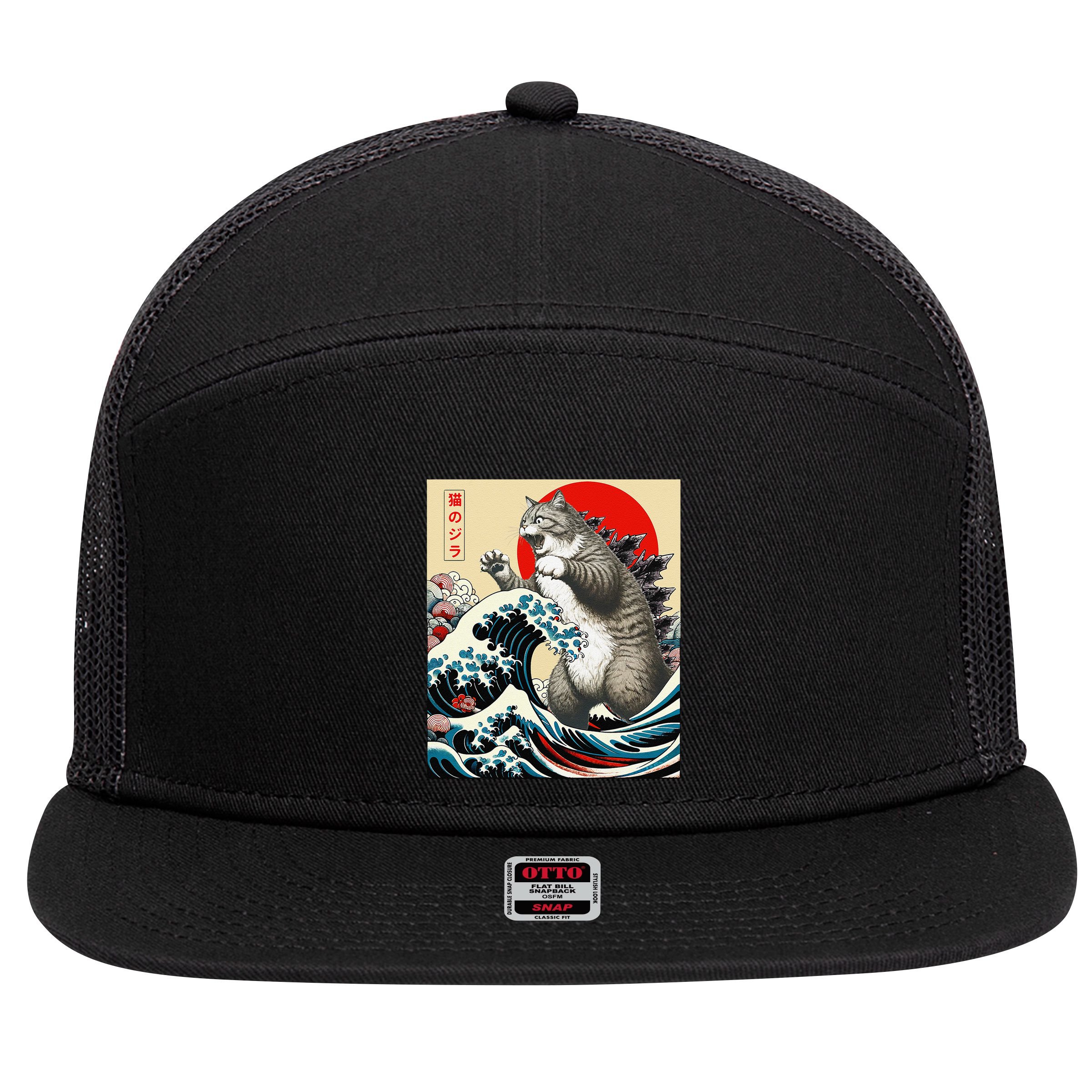 Catzilla Cat Japanese Art Funny Cat Gifts 7 Panel Mesh Trucker Snapback Hat