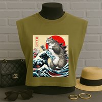 Catzilla Cat Japanese Art Funny Cat Gifts Garment-Dyed Women's Muscle Tee