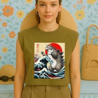 Catzilla Cat Japanese Art Funny Cat Gifts Garment-Dyed Women's Muscle Tee