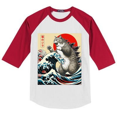 Catzilla Cat Japanese Art Funny Cat Gifts Kids Colorblock Raglan Jersey