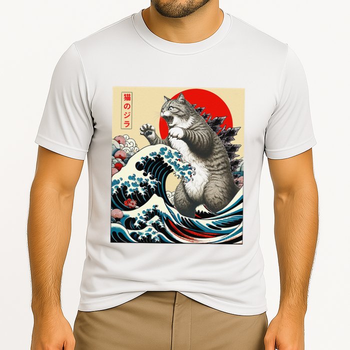 Catzilla Cat Japanese Art Funny Cat Gifts Cooling Performance Crew T-Shirt