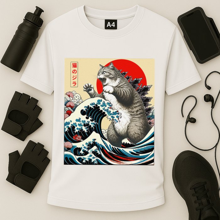 Catzilla Cat Japanese Art Funny Cat Gifts Cooling Performance Crew T-Shirt