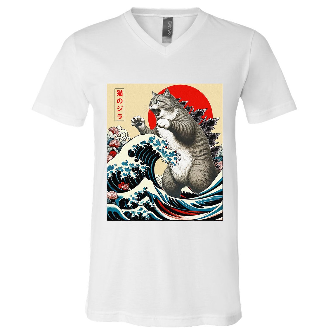 Catzilla Cat Japanese Art Funny Cat Gifts V-Neck T-Shirt