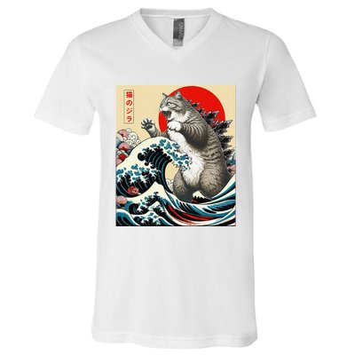 Catzilla Cat Japanese Art Funny Cat Gifts V-Neck T-Shirt