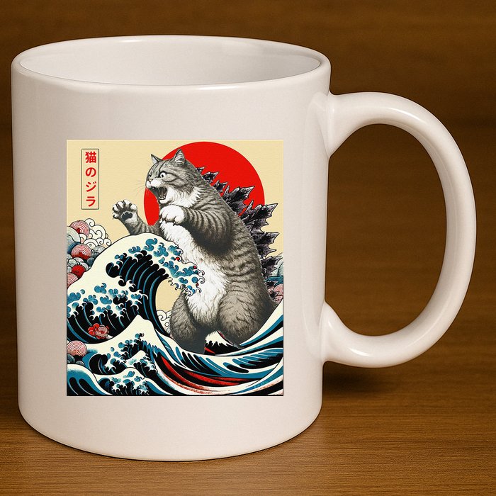 Catzilla Cat Japanese Art Funny Cat Gifts 11oz C Handle Ceramic Mug