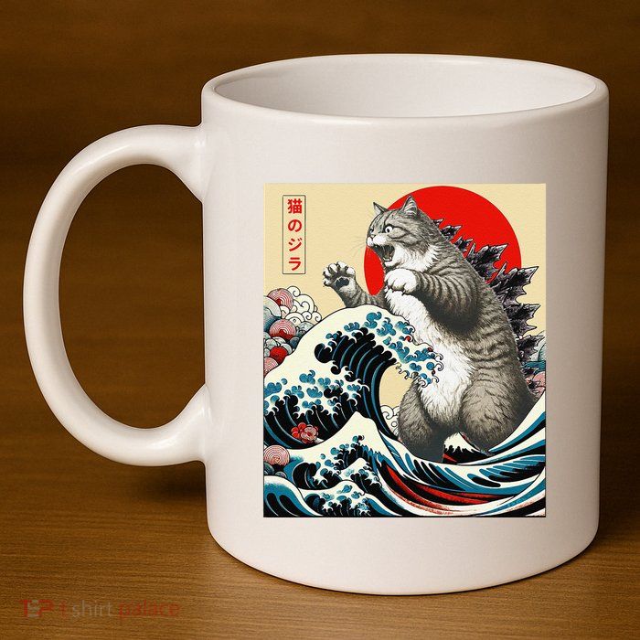 Catzilla Cat Japanese Art Funny Cat Gifts 11oz C Handle Ceramic Mug