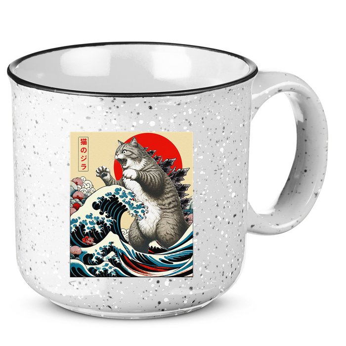 Catzilla Cat Japanese Art Funny Cat Gifts 15oz Campfire Ceramic Mug