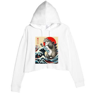Catzilla Cat Japanese Art Funny Cat Gifts Crop Fleece Hoodie