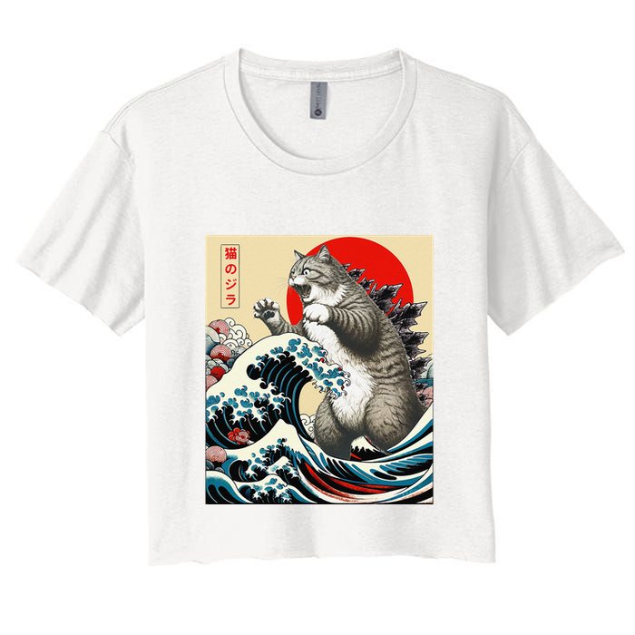 Catzilla Cat Japanese Art Funny Cat Gifts Women's Crop Top Tee