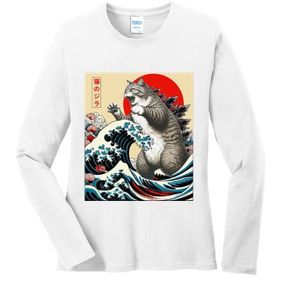 Catzilla Cat Japanese Art Funny Cat Gifts Ladies Long Sleeve Shirt