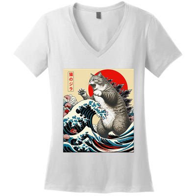 Catzilla Cat Japanese Art Funny Cat Gifts Women's V-Neck T-Shirt