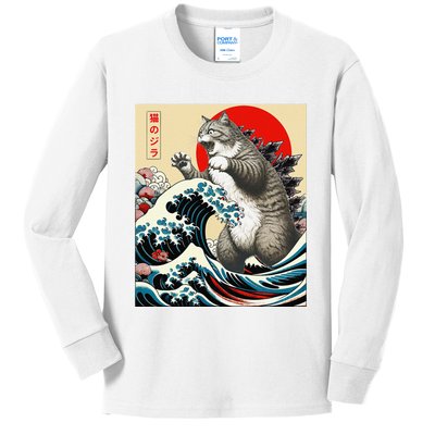 Catzilla Cat Japanese Art Funny Cat Gifts Kids Long Sleeve Shirt