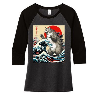 Catzilla Cat Japanese Art Funny Cat Gifts Women's Tri-Blend 3/4-Sleeve Raglan Shirt