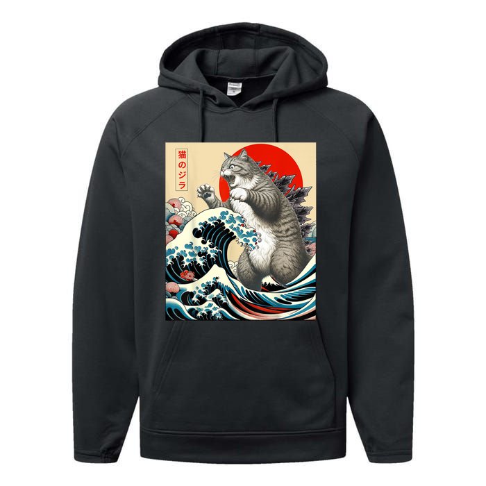 Catzilla Cat Japanese Art Funny Cat Performance Fleece Hoodie