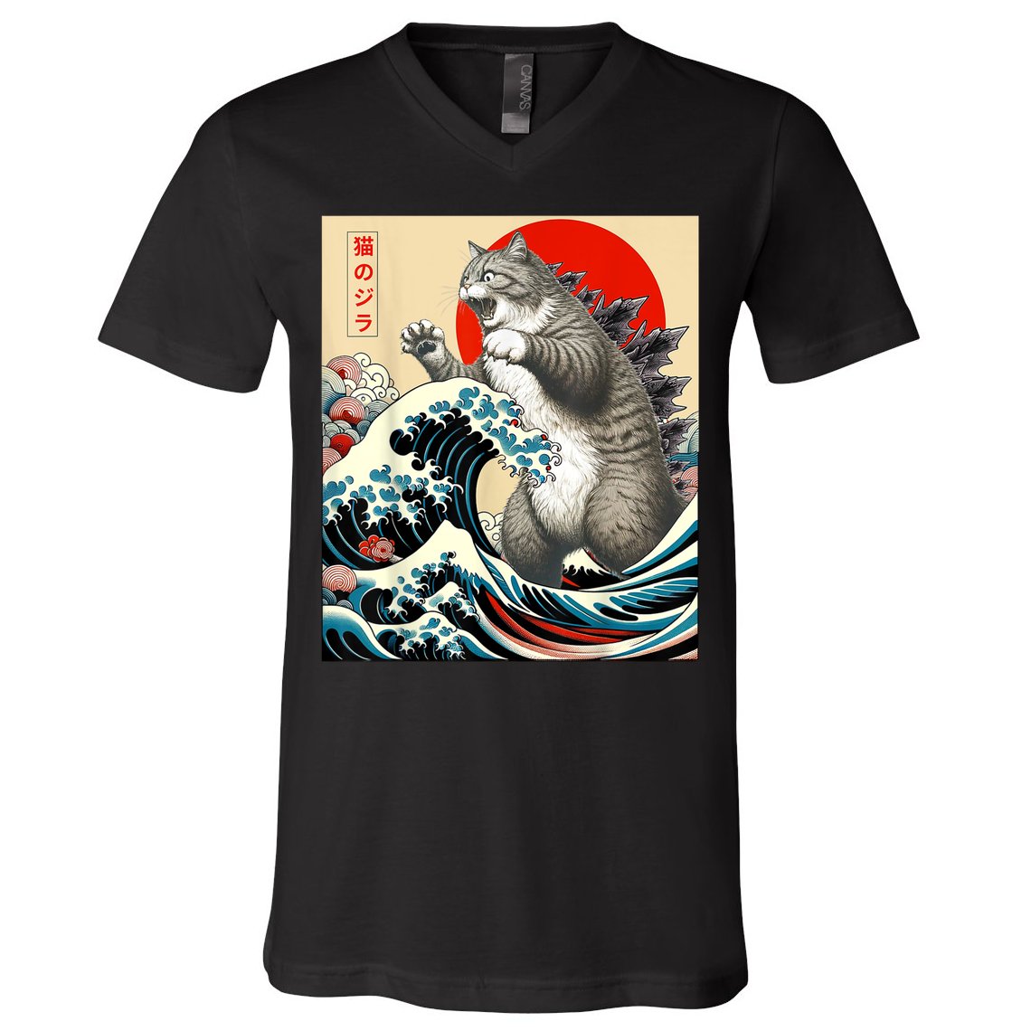 Catzilla Cat Japanese Art Funny Cat V-Neck T-Shirt