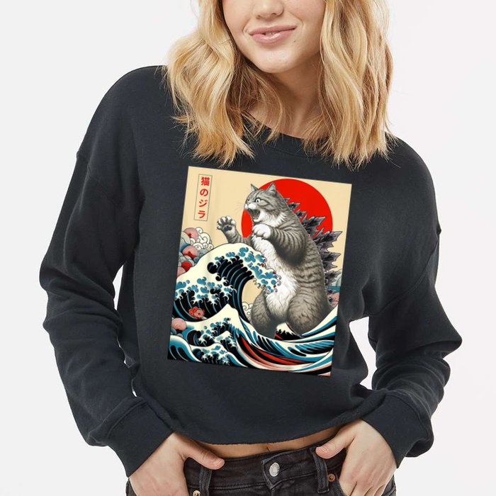 Catzilla Cat Japanese Art Funny Cat Cropped Pullover Crew