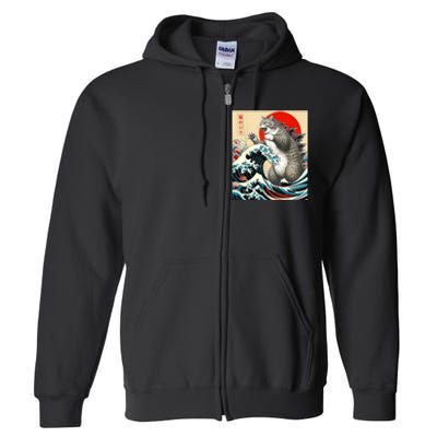 Catzilla Cat Japanese Art Funny Cat Full Zip Hoodie