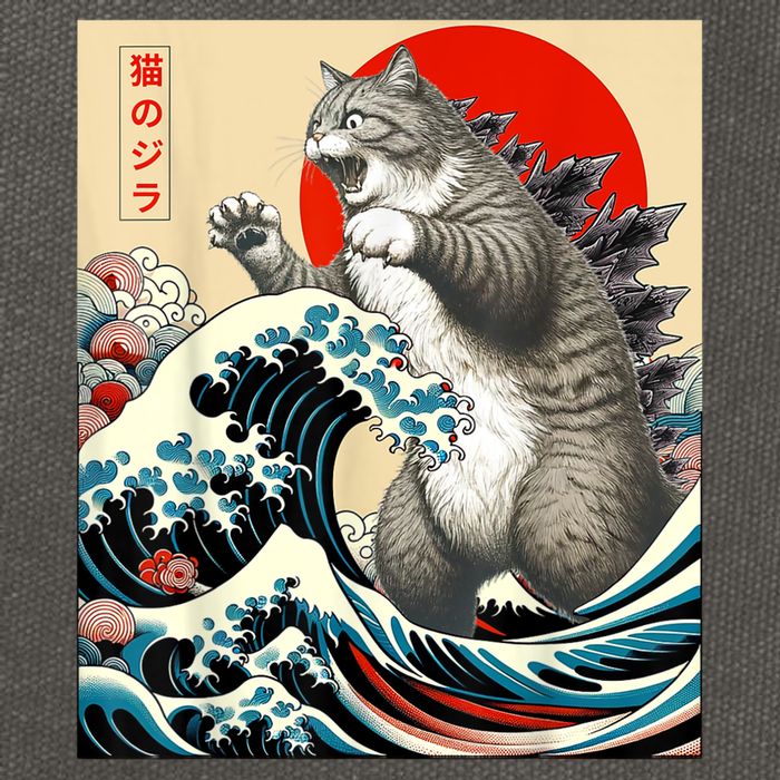 Catzilla Cat Japanese Art Funny Cat Cotton Canvas Backpack