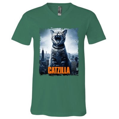 Catzilla Cat Japanese Art Funny Cat V-Neck T-Shirt