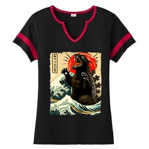 Catzilla Cat Japanese Art Funny Cat Ladies Halftime Notch Neck Tee