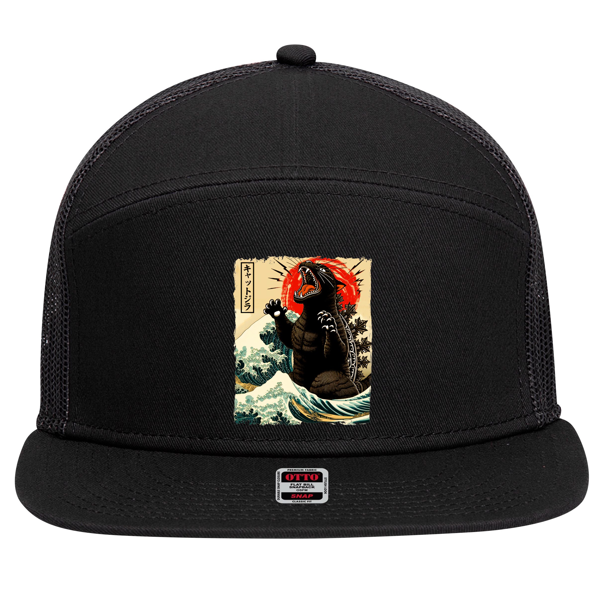 Catzilla Cat Japanese Art Funny Cat 7 Panel Mesh Trucker Snapback Hat