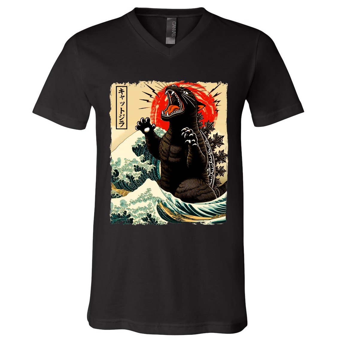 Catzilla Cat Japanese Art Funny Cat V-Neck T-Shirt
