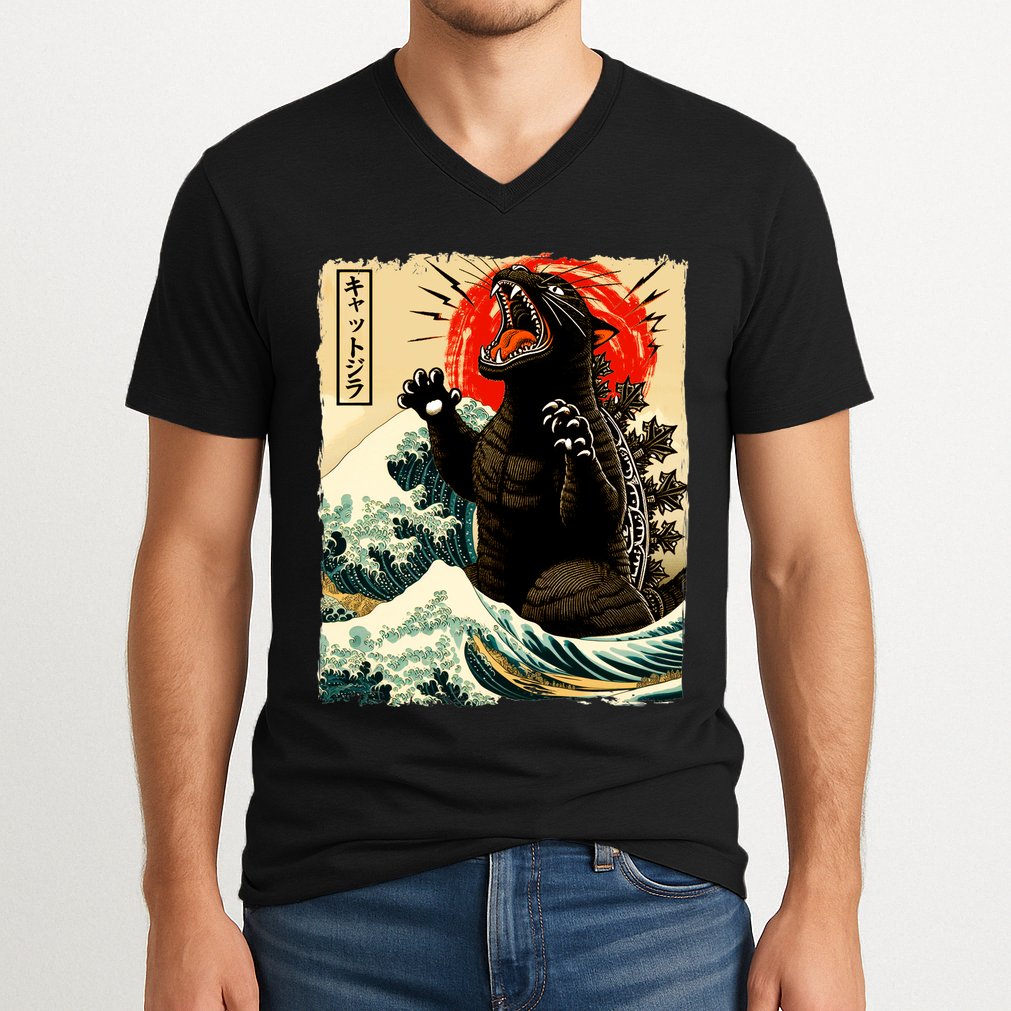 Catzilla Cat Japanese Art Funny Cat V-Neck T-Shirt