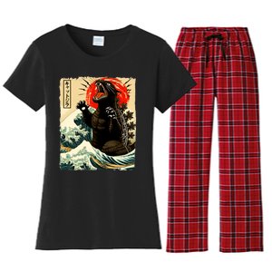 Catzilla Cat Japanese Art Funny Cat Women's Flannel Pajama Set