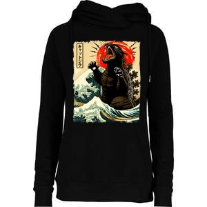 Catzilla Cat Japanese Art Funny Cat Womens Funnel Neck Pullover Hood