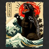 Catzilla Cat Japanese Art Funny Cat Premium Pullover Hoodie