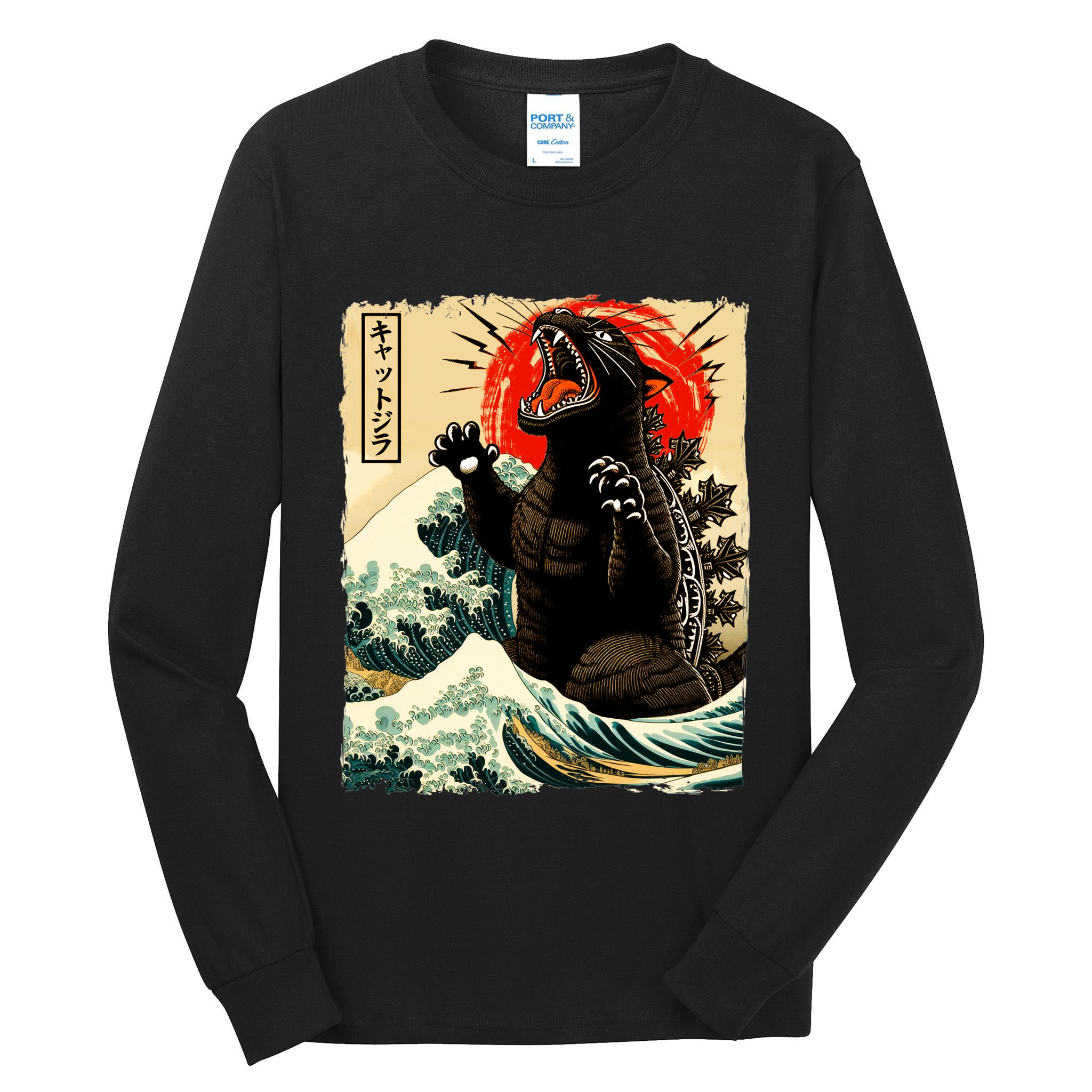 Catzilla Cat Japanese Art Funny Cat Tall Long Sleeve T-Shirt