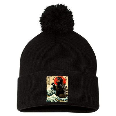Catzilla Cat Japanese Art Funny Cat Pom Pom 12in Knit Beanie