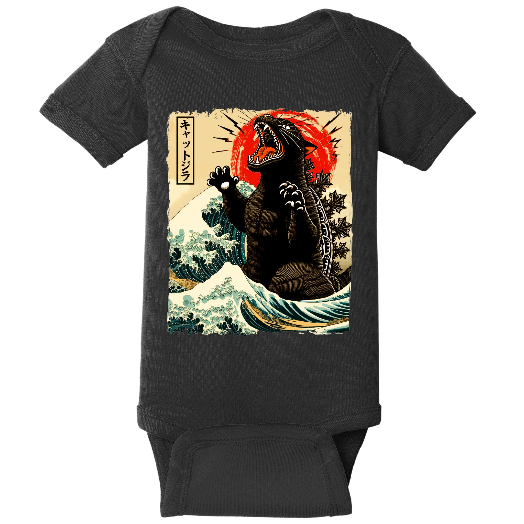 Catzilla Cat Japanese Art Funny Cat Baby Bodysuit