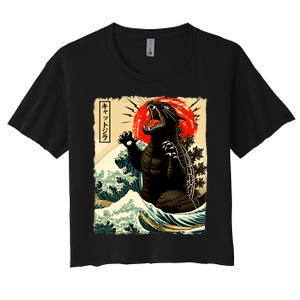 Catzilla Cat Japanese Art Funny Cat Women's Crop Top Tee