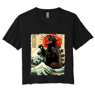 Catzilla Cat Japanese Art Funny Cat Women's Crop Top Tee